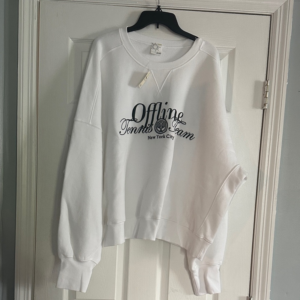 aerie White Crewneck Sweatshirt with Black Script Logo